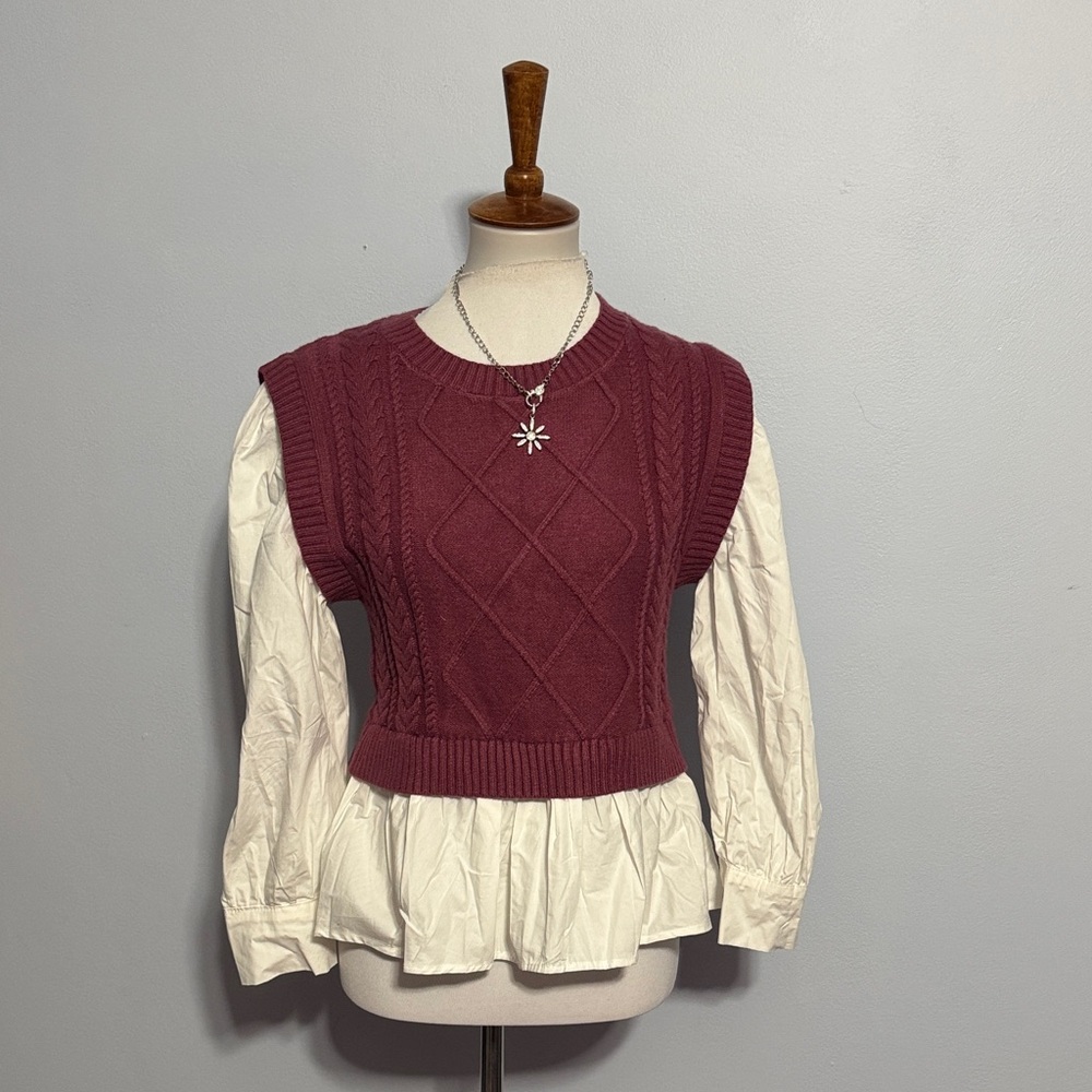 Women's Burgundy Knit Sweater Vest with White Blouse